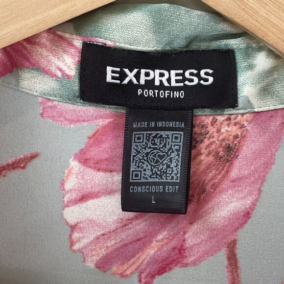 Express Portofino Shirt Womens Large Satin Floral Button Up Blouse Long Sleeve - Picture 3 of 8